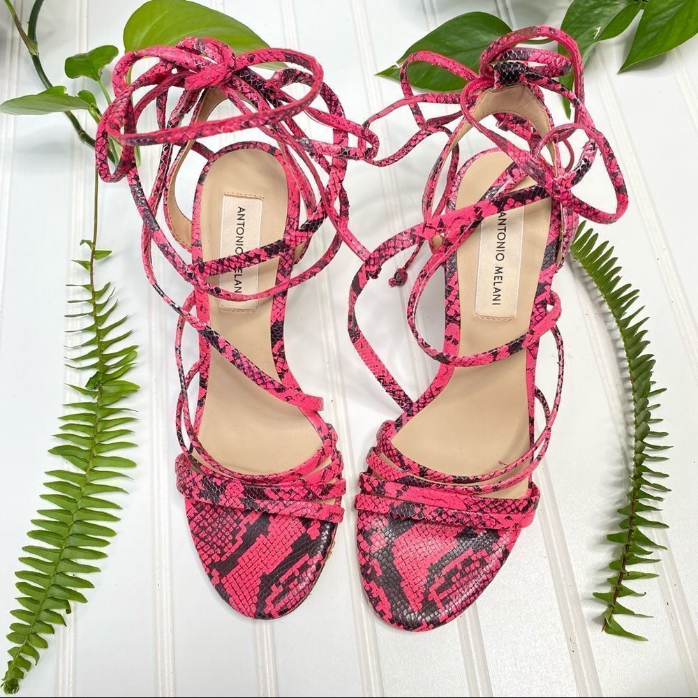 Antonio Melani Lace Up Pink & Black Snake Print Heels  Size 7 NWOB